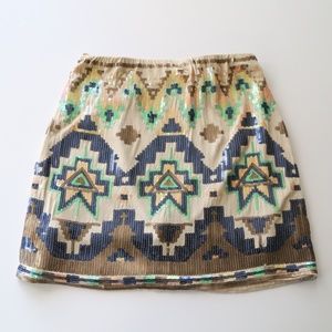 Express Lulumari Tan Sequin Aztec Mini Skirt